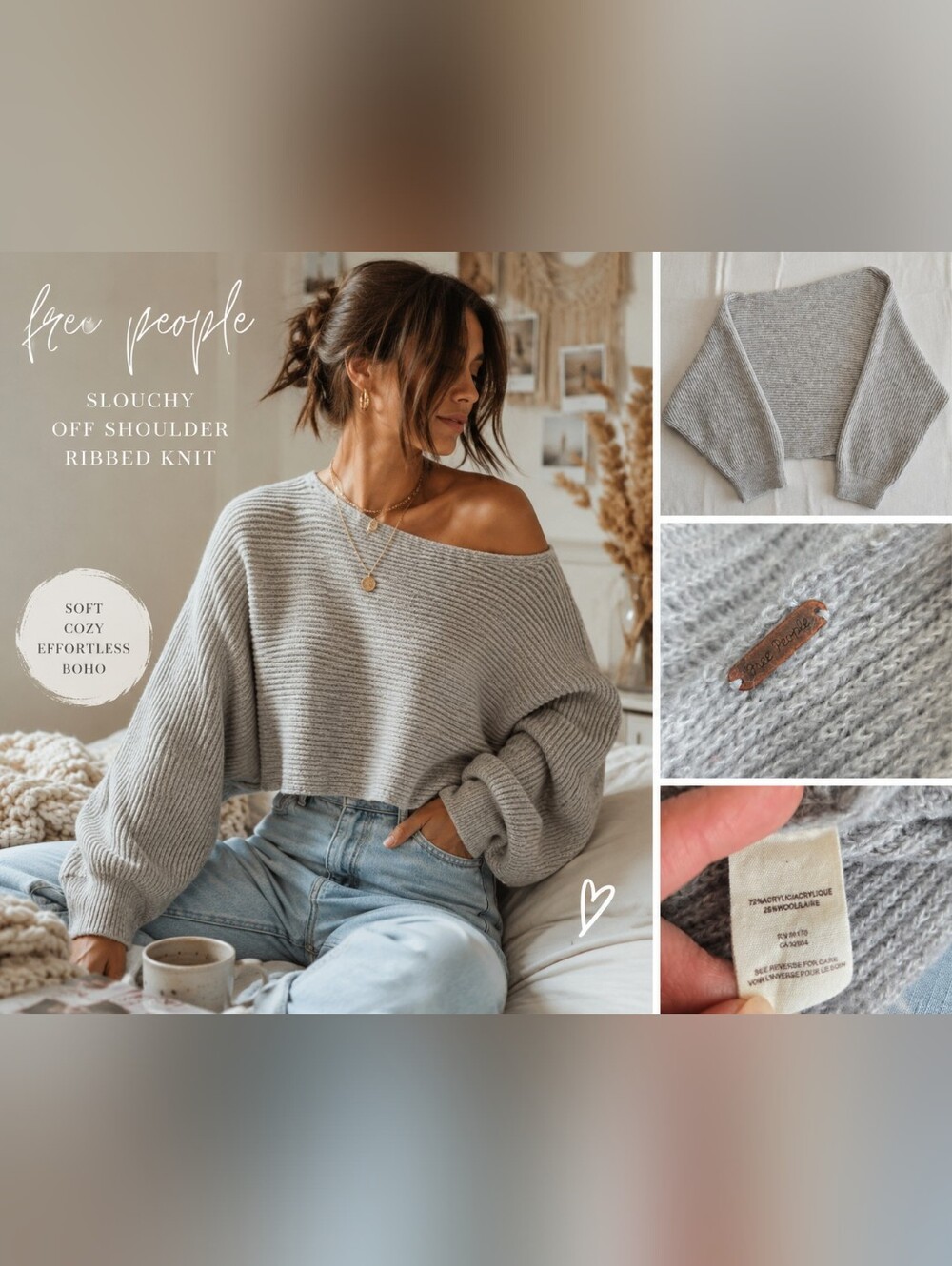 Free People Ribbed Dolman Sweater | Off Shoulder Slouchy Knit | Cozy Grey Oversi